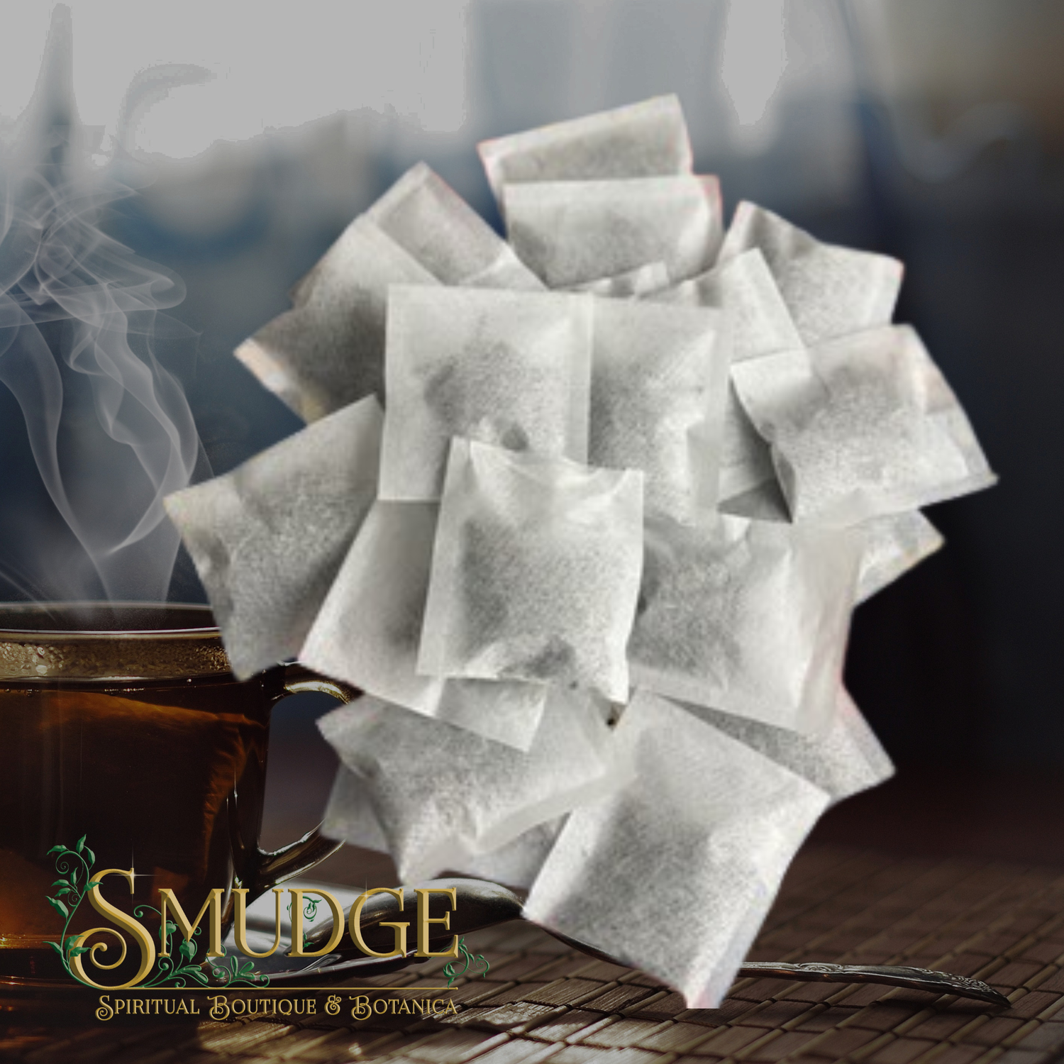 A pile of white herbal tea bags with visible tea leaves, positioned next to a steaming dark brown glass mug. The background is a dark, moody, blurred setting with a wooden surface at the bottom.