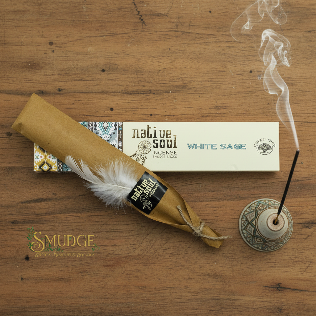 Native Soul White Sage incense stick with a feather on a light gray background