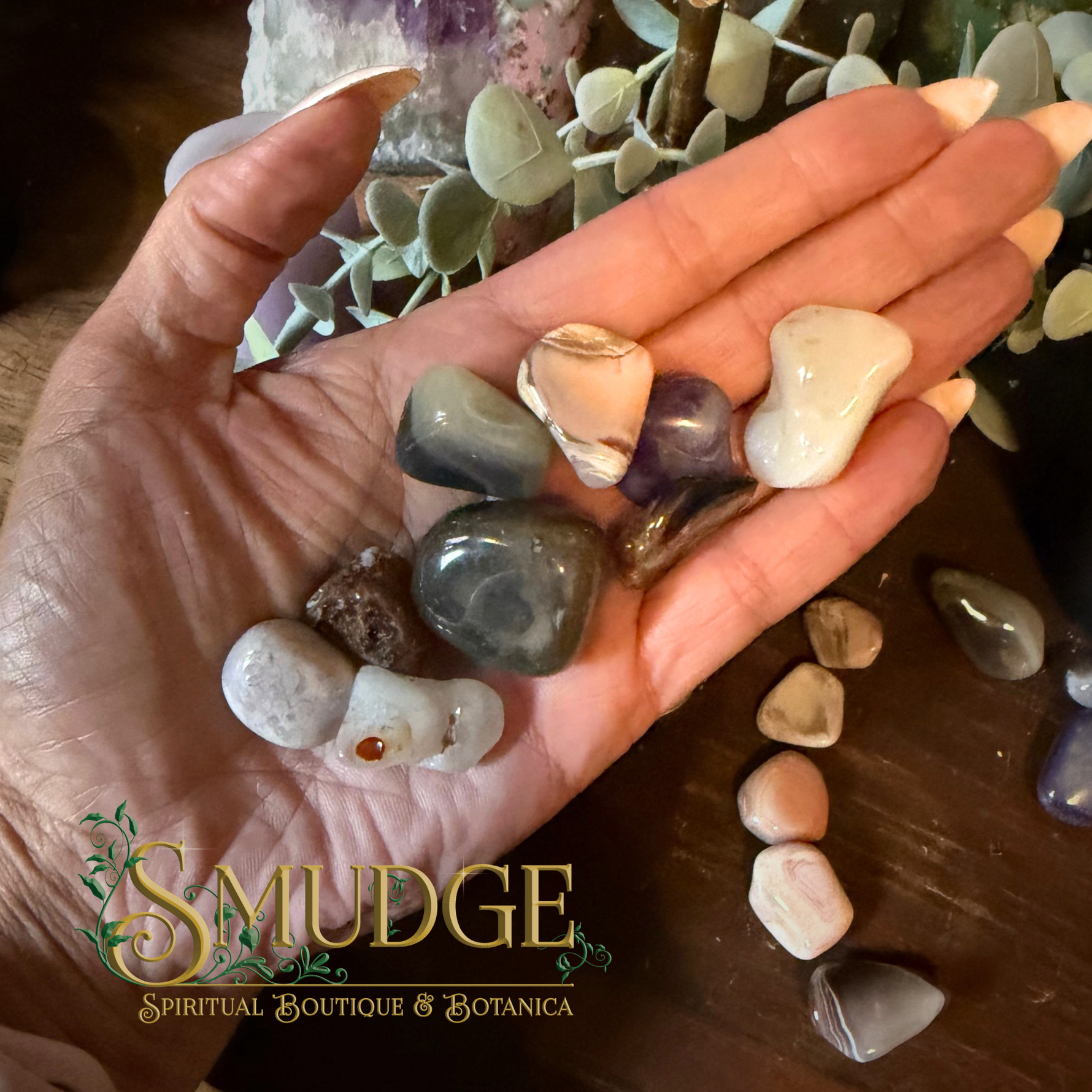 A hand holds a small collection of polished tumbled stones in various colors, including gray, cream, purple, and brown, with more stones and decorative plants in the background on a wooden surface. A logo at the bottom left reads 'SMUDGE Spiritual Boutique & Botanica'.