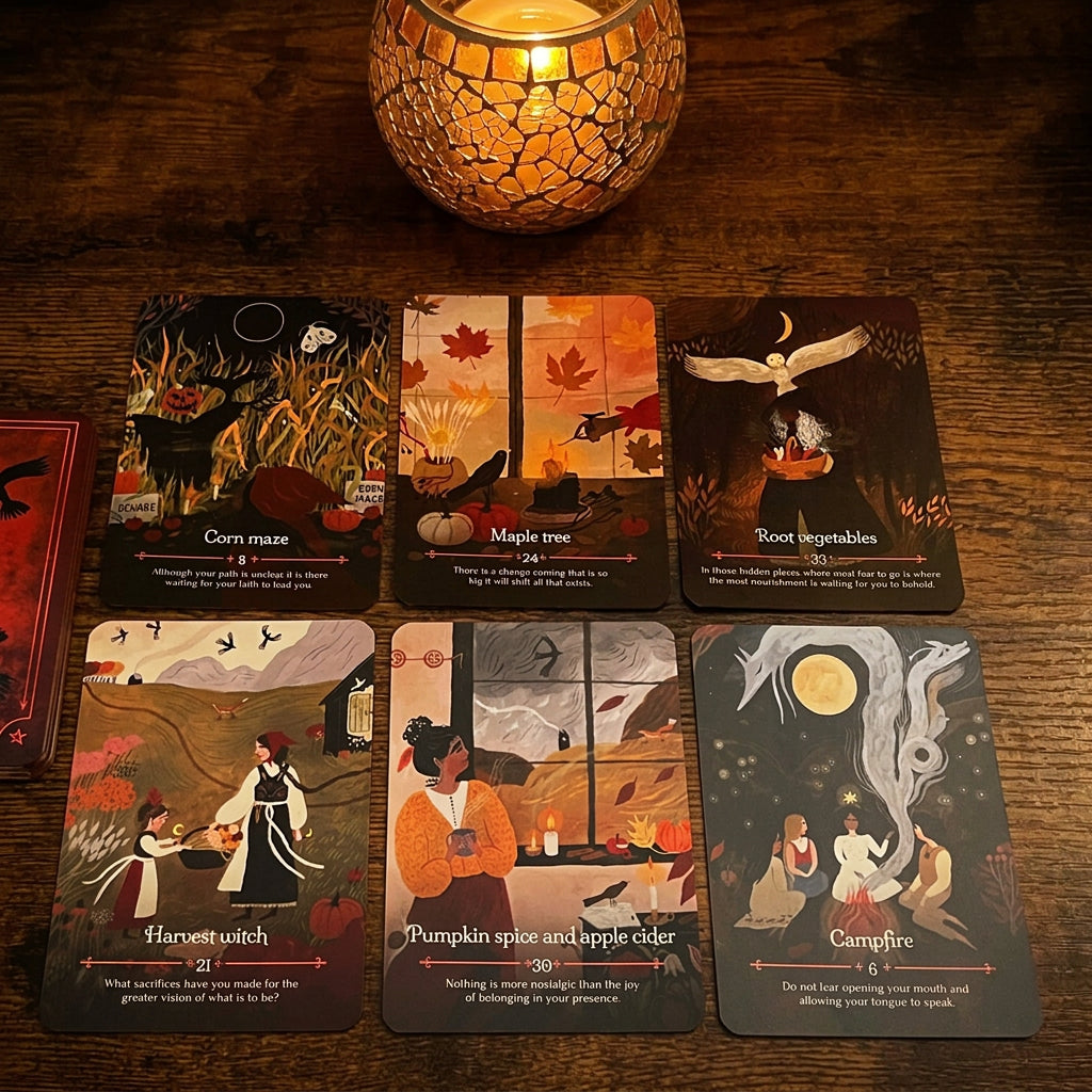 Six illustrated tarot or oracle cards arranged on a wooden tabletop, with a lit candle above them. The cards feature autumn and mystical scenes with text such as 'Crazy maple,' 'Maple tree,' 'Your dreamable,' 'Harvest witch,' 'Pumpkin spice and apple cider,' and 'Crazy fire.