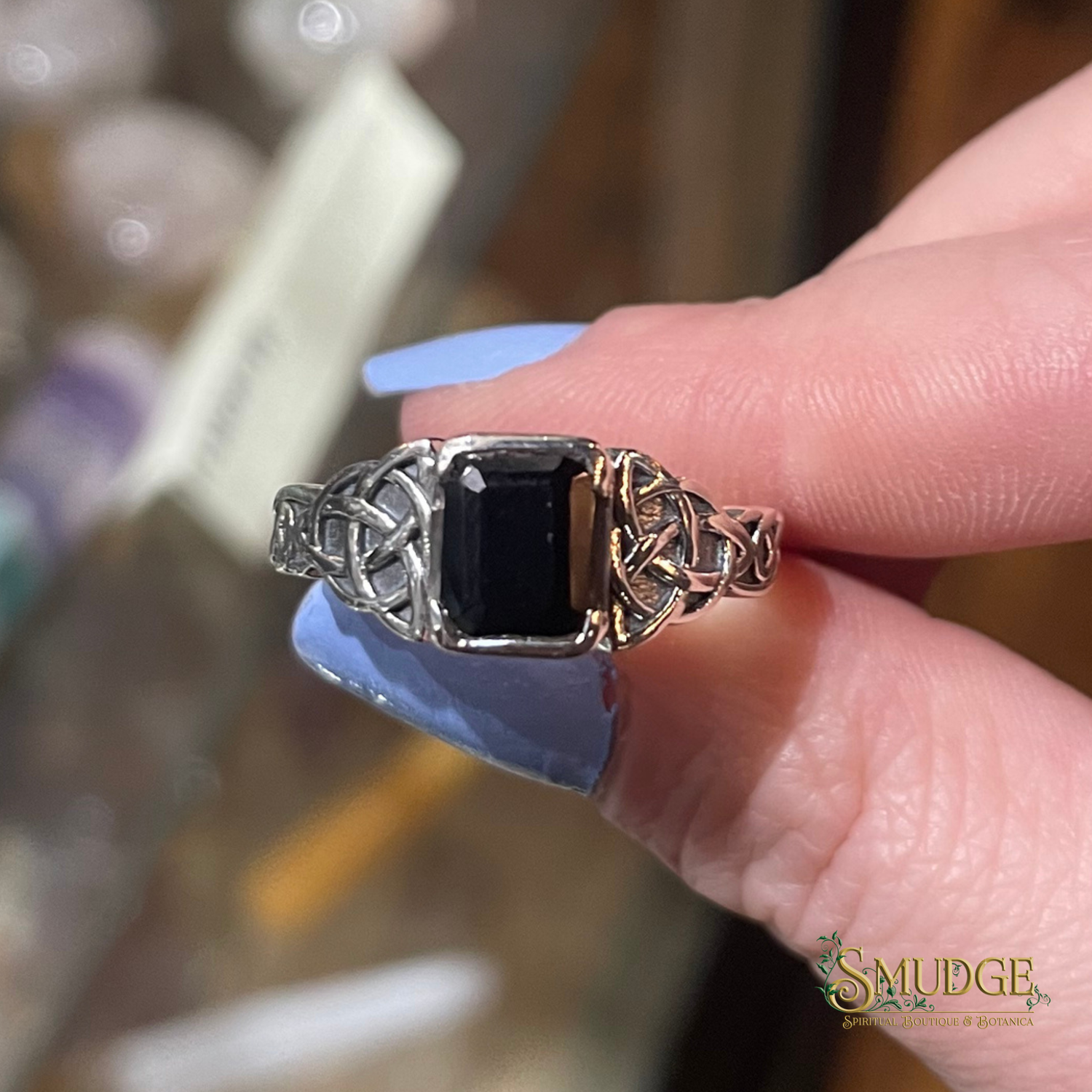 Obsidian Triquetra Ring 925 Silver (size 10)