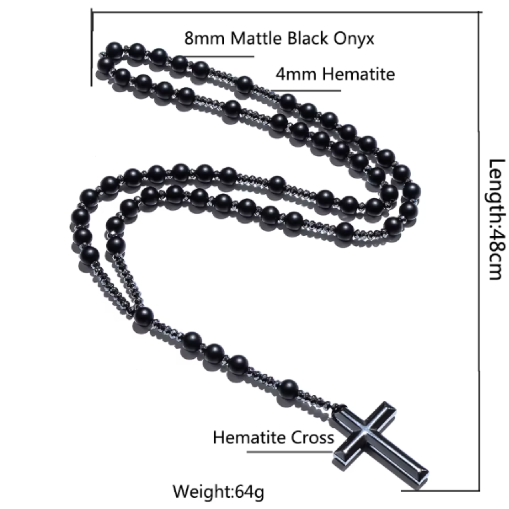 Black beaded necklace with hematite cross, measurements, and weight displayed.