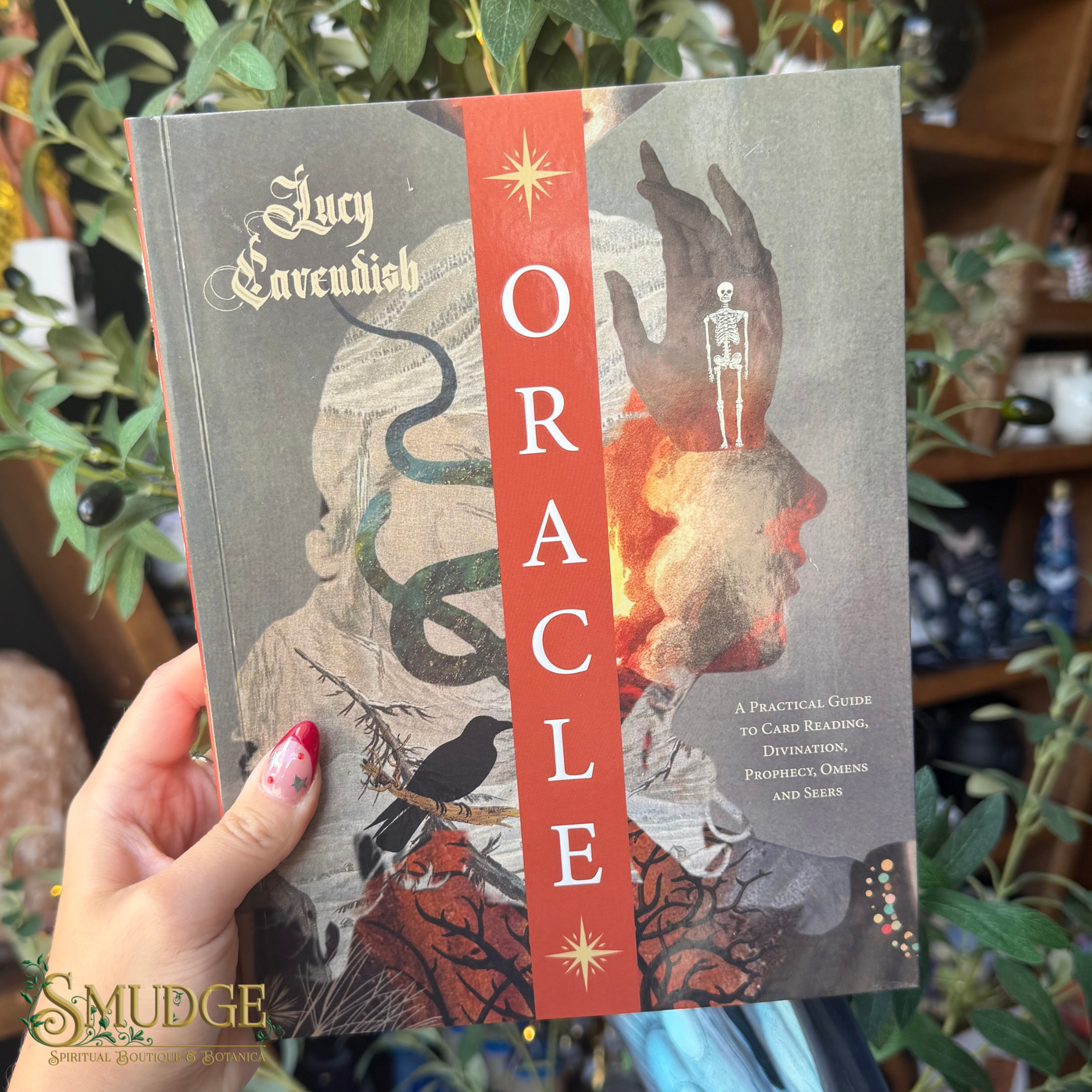A hand holds the book 'Lucy Cavendish Oracle' in a shop setting with green plants in the background. The book cover features a vertical red stripe with the word 'ORACLE' in gold, and an illustration of a profile silhouette with a skeleton hand and a snake.