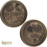 Two bronze-toned coins or medallions shown on a white background, one with raised hands, eyes, clouds, and the word YES, and the other with a winged skeleton and the word NO. A Smudge logo appears in the lower left corner.