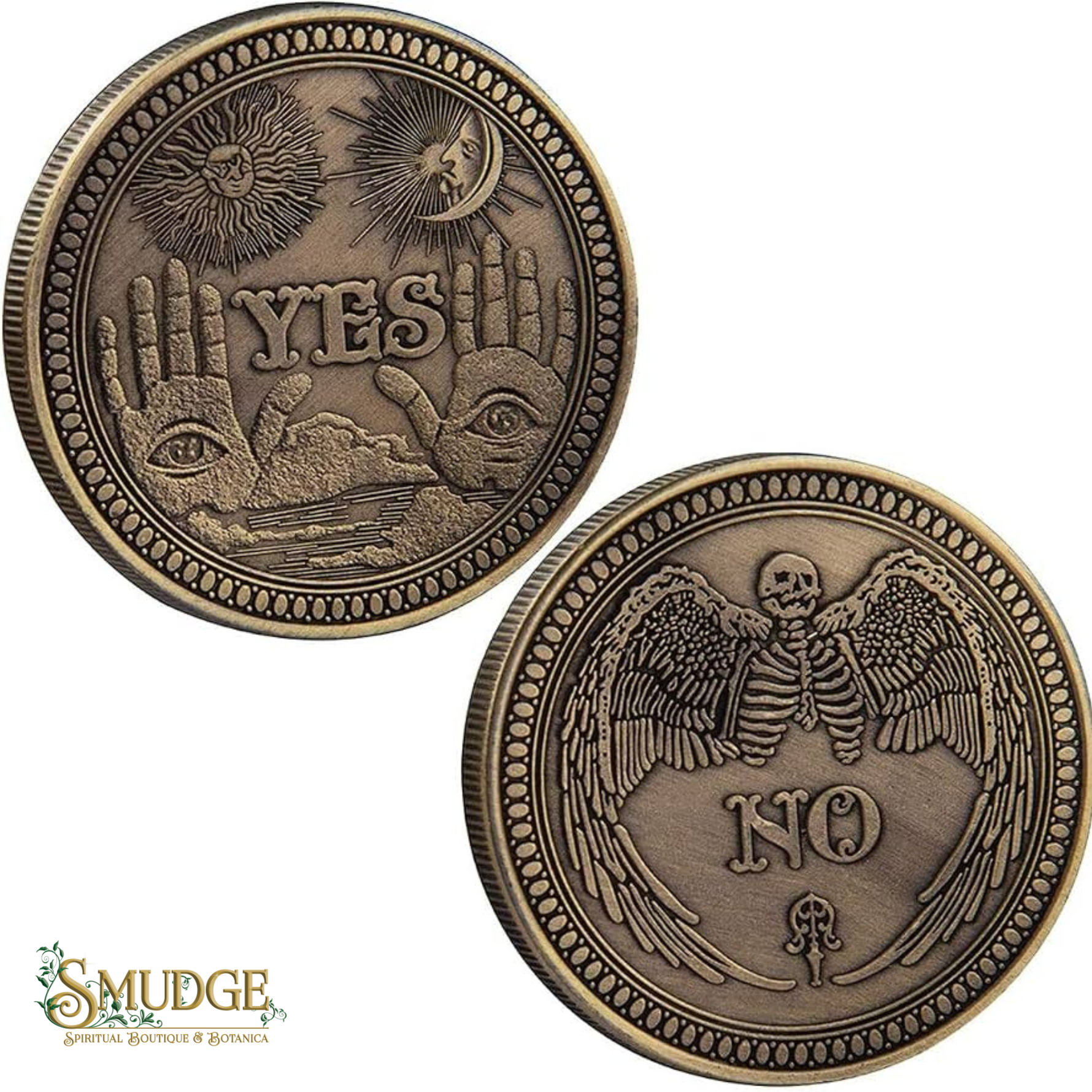 Two bronze-toned coins or medallions shown on a white background, one with raised hands, eyes, clouds, and the word YES, and the other with a winged skeleton and the word NO. A Smudge logo appears in the lower left corner.