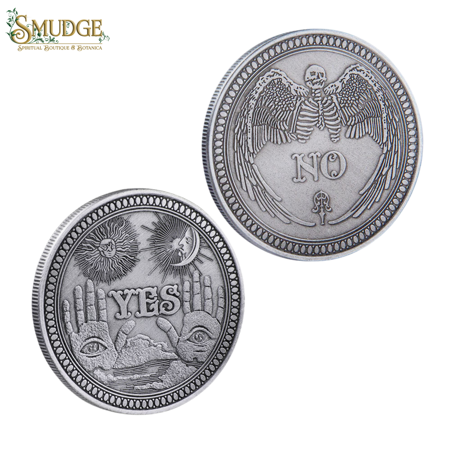 Two silver-toned circular coin-like medallions shown on a white background, one with an embossed winged skeleton and the word NO, and the other with the word YES, eyes, and sun moon imagery. The Smudge brand logo appears in the upper left corner.