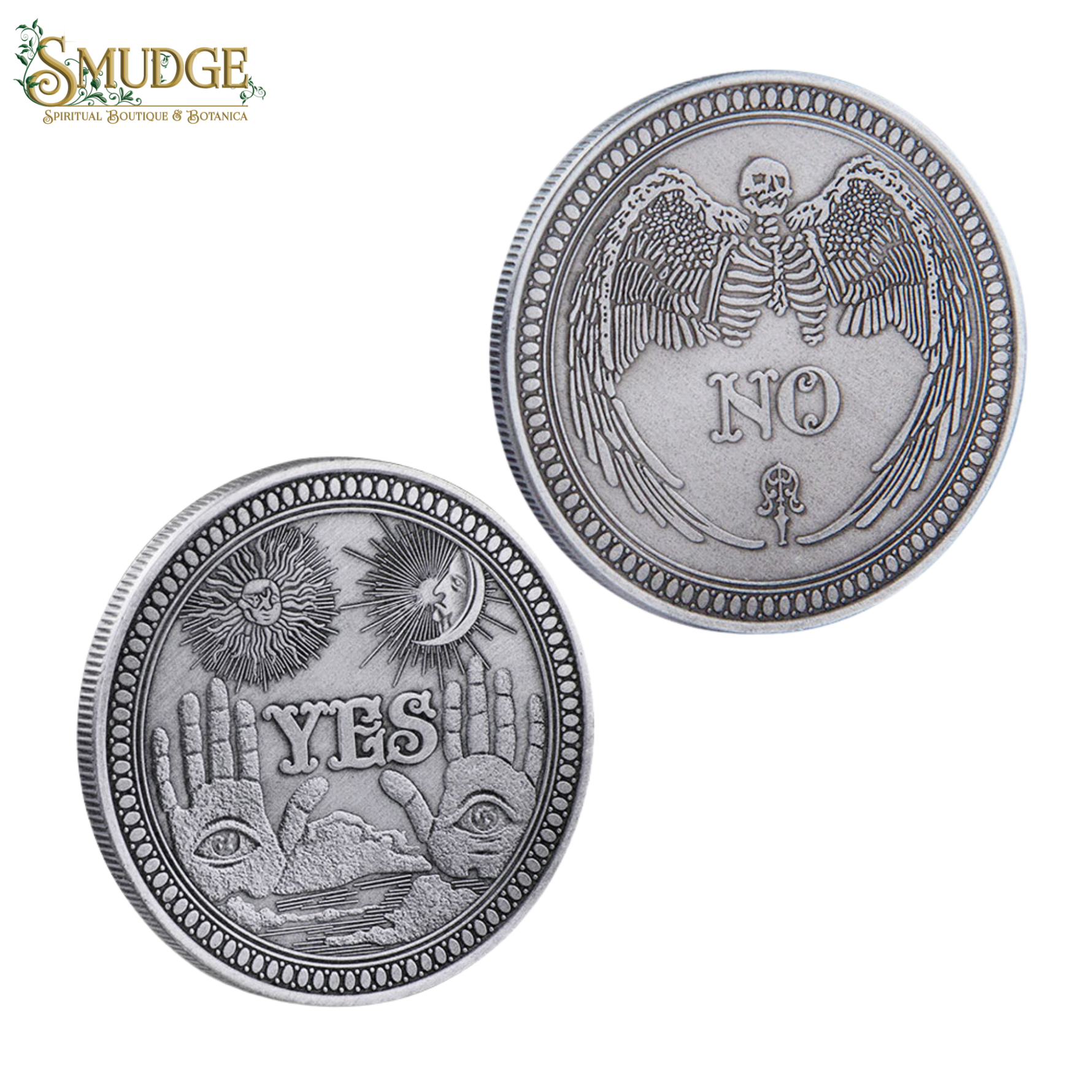Two silver-toned circular coin-like medallions shown on a white background, one with an embossed winged skeleton and the word NO, and the other with the word YES, eyes, and sun moon imagery. The Smudge brand logo appears in the upper left corner.