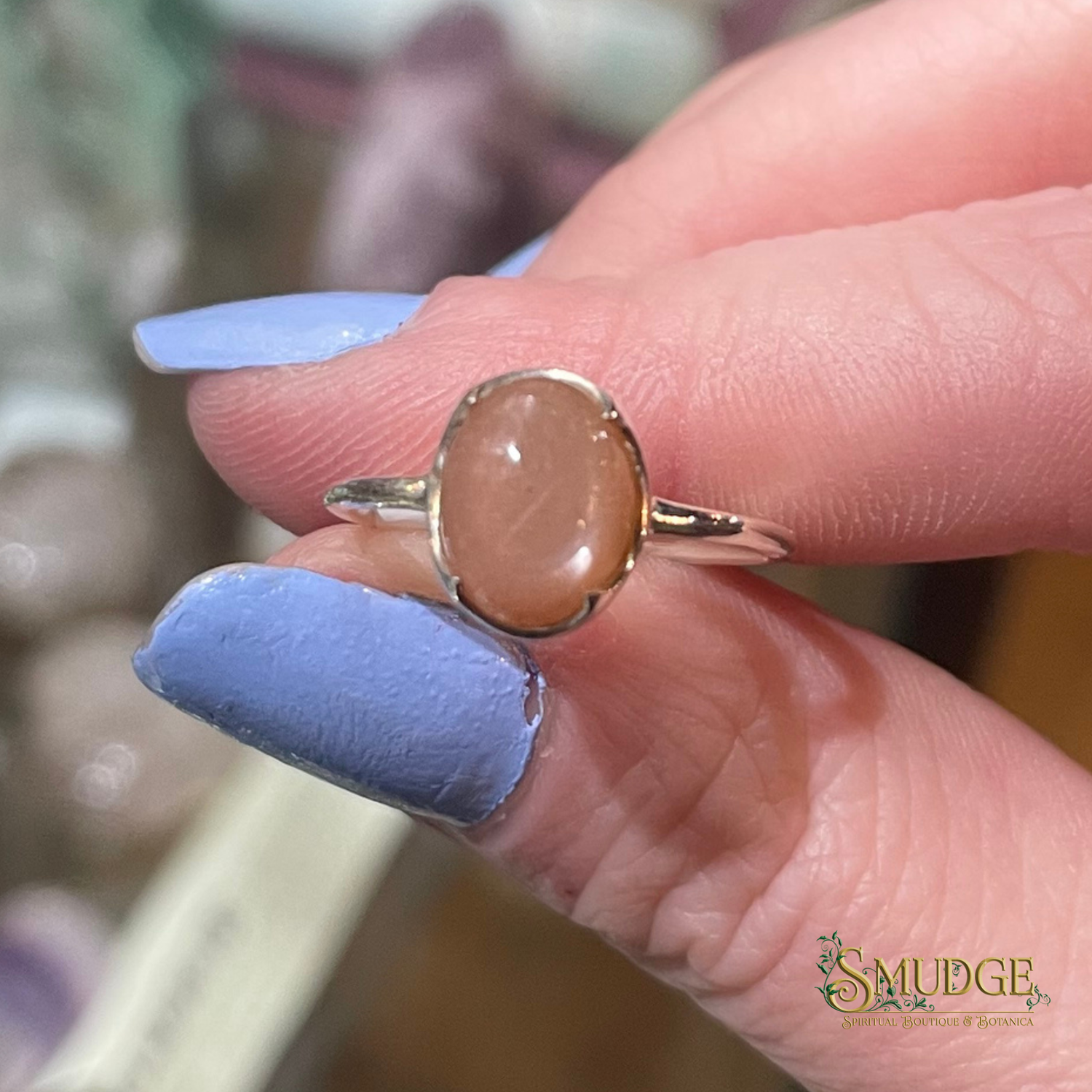 Peach Moonstone Ring 925 Silver (size 6)