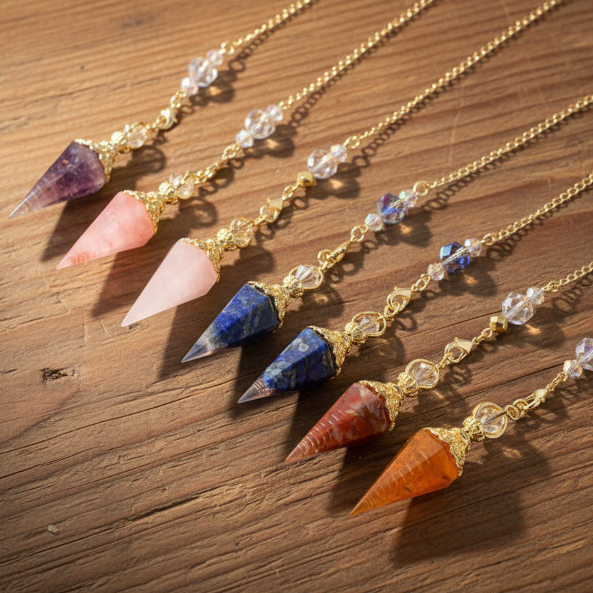colourful orgonite stone pendulums that can be a necklace pendant