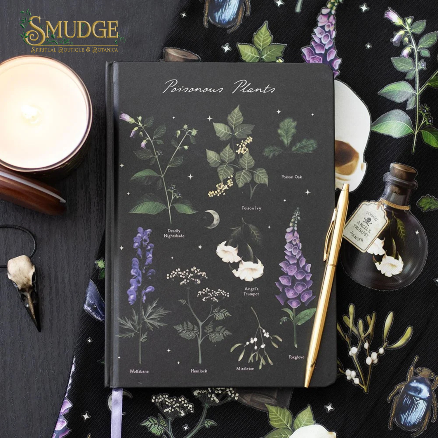 Notebook with botanical illustrations on a dark surface with a candle and pen.