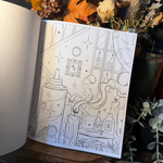 An open coloring book or art journal showing a black-and-white illustrated page with whimsical line drawings of bottles, stars, smoke, and decorative objects. The left page is open, and the right page contains the main artwork.