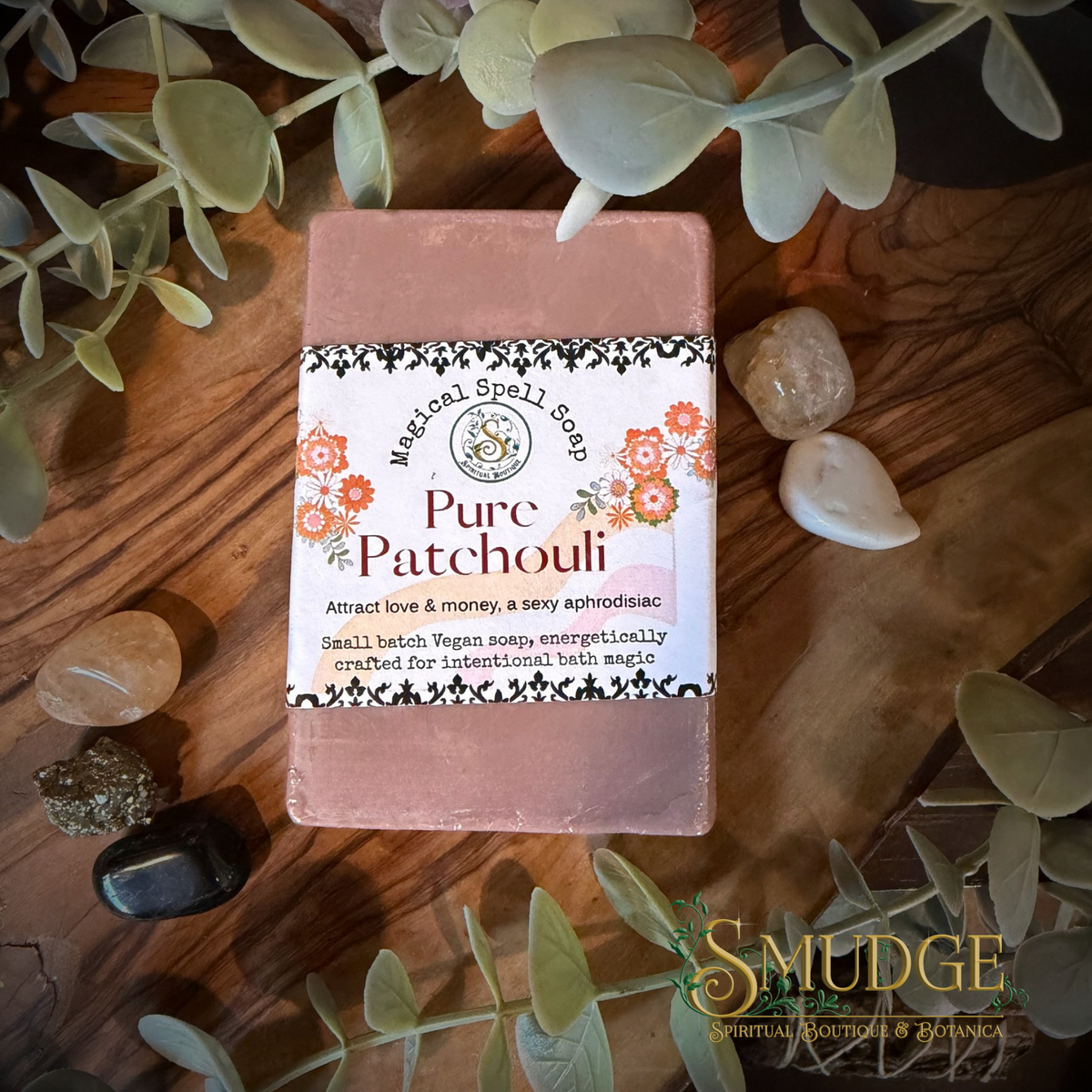 Pure patchouli bar of soap. A brown bar of soap with a white label that says magical spell soap. Small batch vegan soap all natural. 