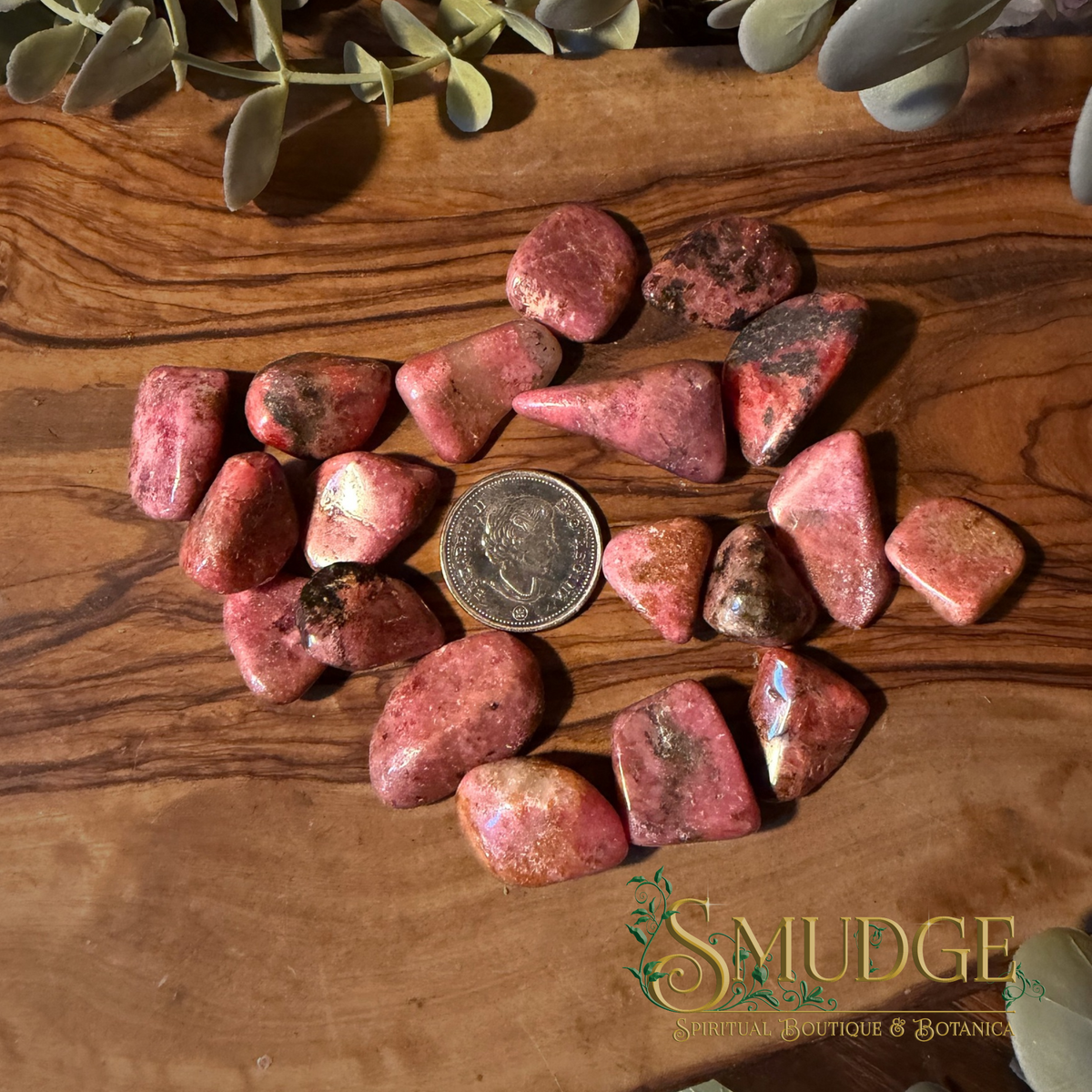 A group of polished pinkish-red rhodonite tumbled stones arranged in a loose circle on a wooden surface, with a coin in the center for scale and decorative leaves at the top. The brand name 'SMUDGE' is visible in the bottom right corner.