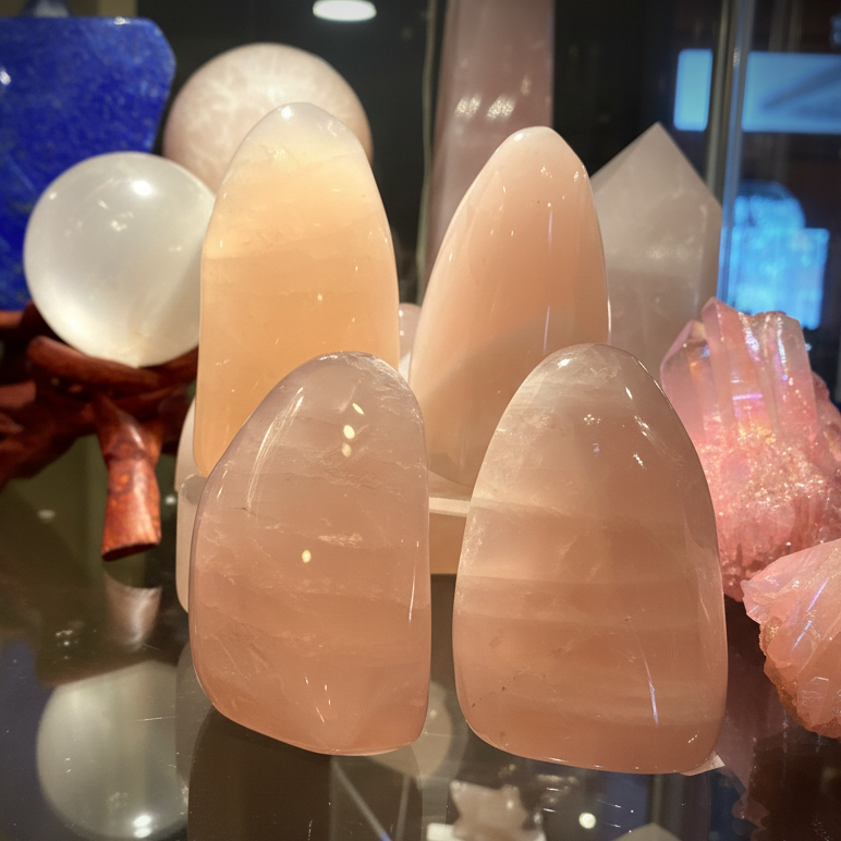 A group of polished and raw crystals displayed together on a reflective surface, including pale peach quartz points, a white milky sphere, deep blue lapis lazuli, and pink fluorite clusters.