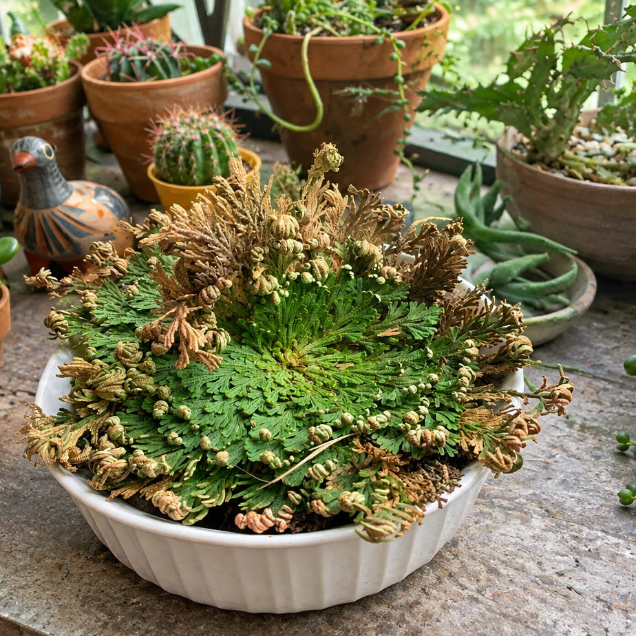 A potted green plant with many small dried flower clusters radiating from a dense green center, shown in a white shallow dish among other potted plants.