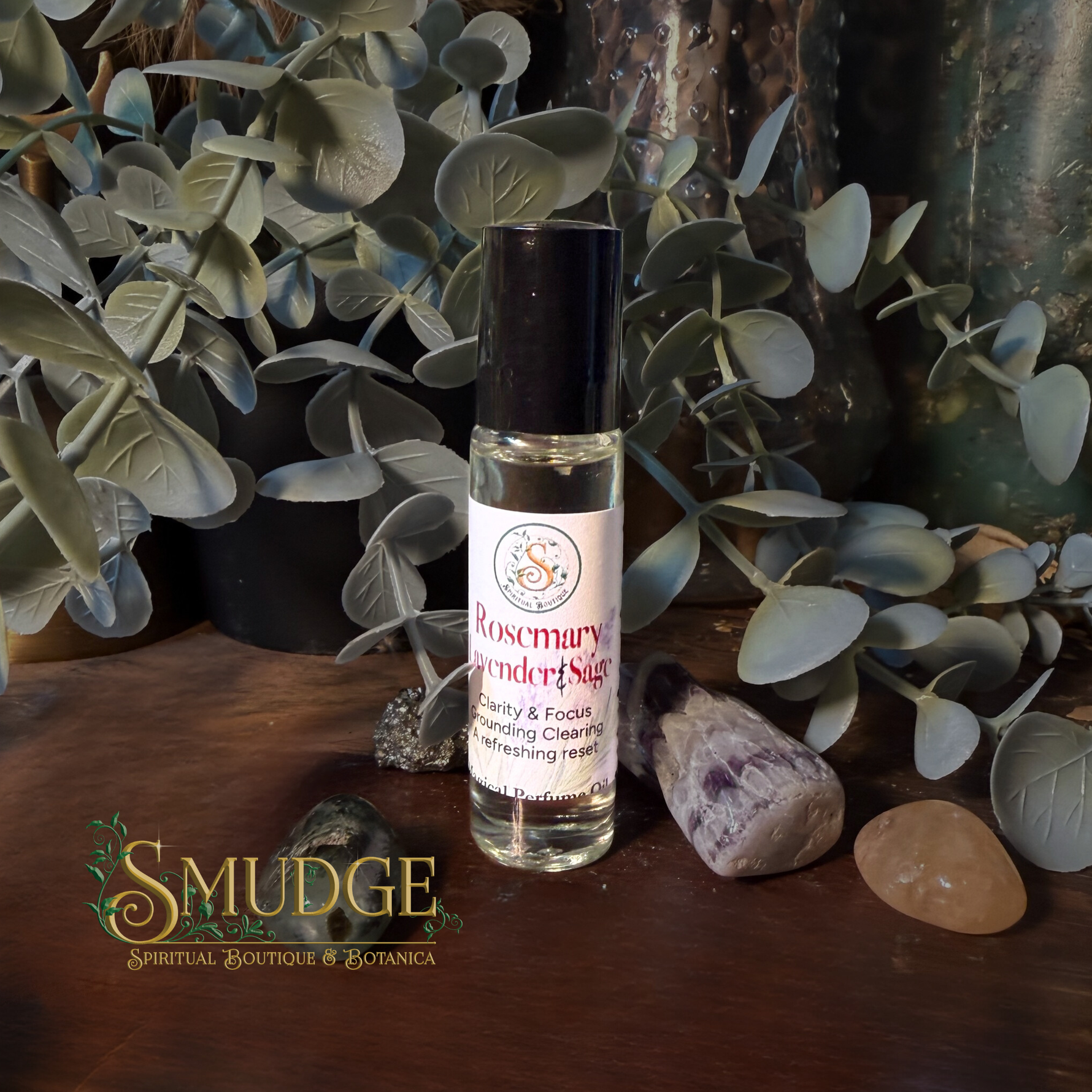 Roll-on bottle with label on a wooden surface with plants in the background, featuring the brand 'Smudge'.