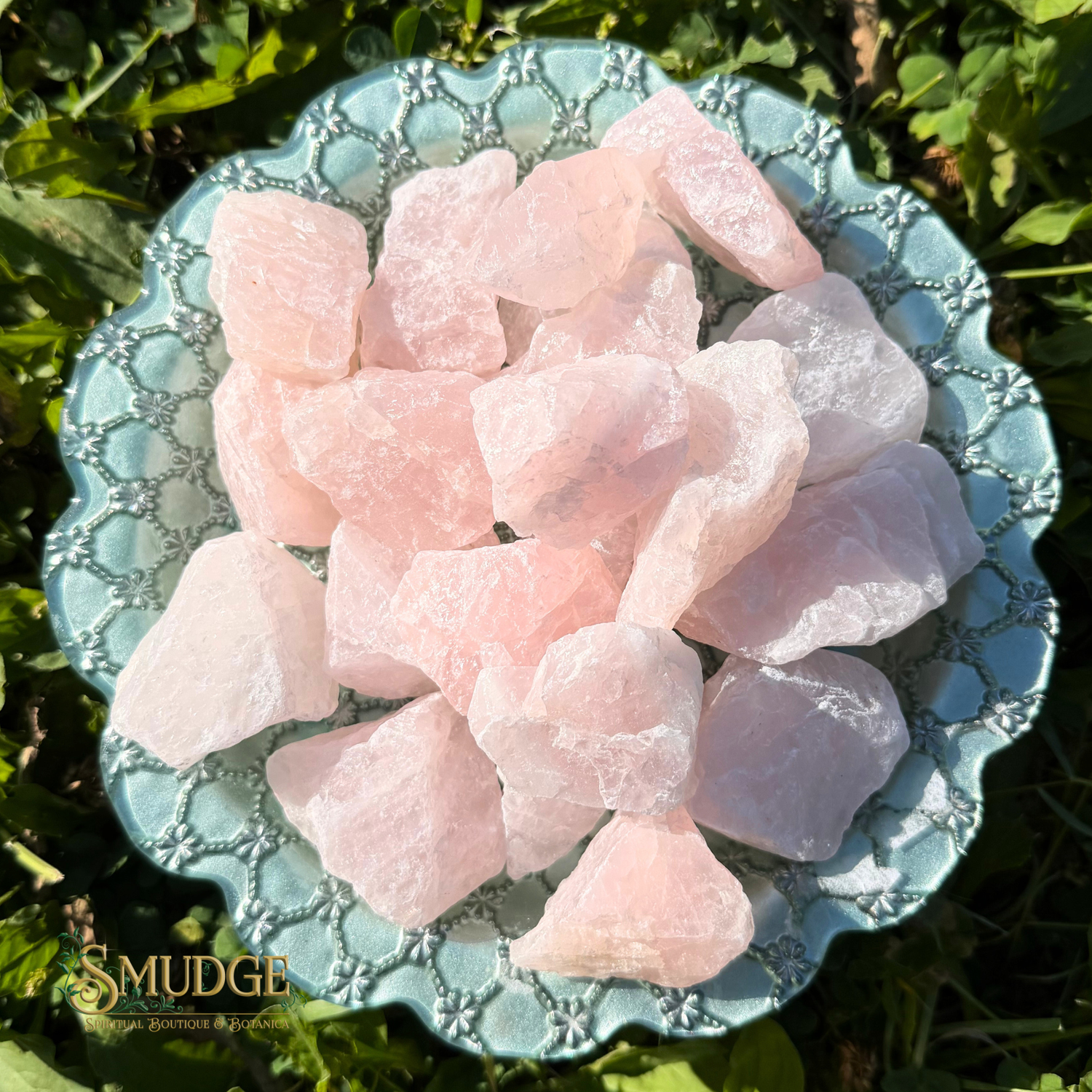 Raw rose quartz crystals in various rough, irregular shapes, displayed on a scalloped light blue ceramic plate set outdoors on green grass. The brand name 'SMUDGE' is visible in the bottom-left corner.