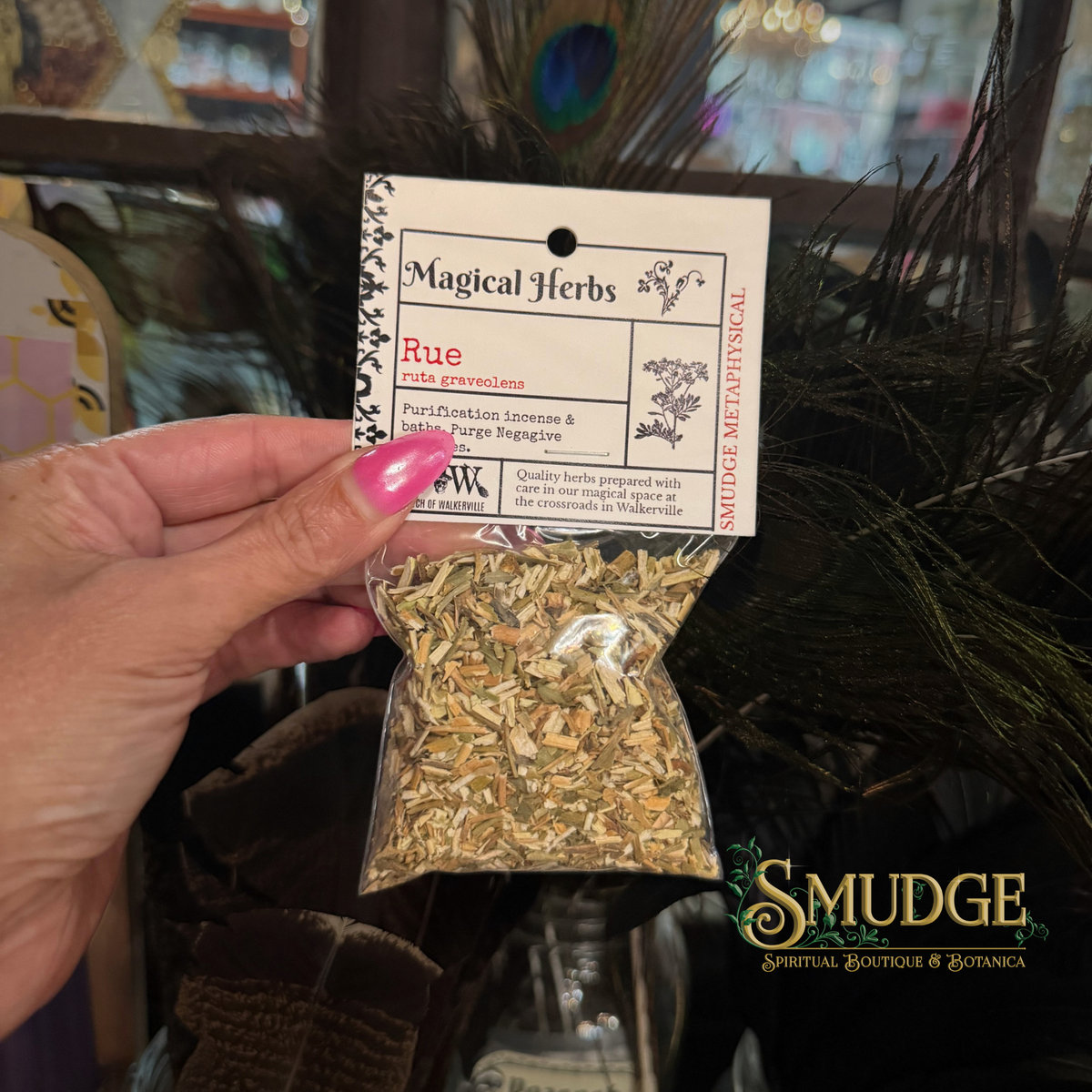 A hand with pink nail polish holds a small clear plastic bag of dried herbs labeled 'Magical Herbs Rue' in a shop setting with dark dried botanicals in the background.