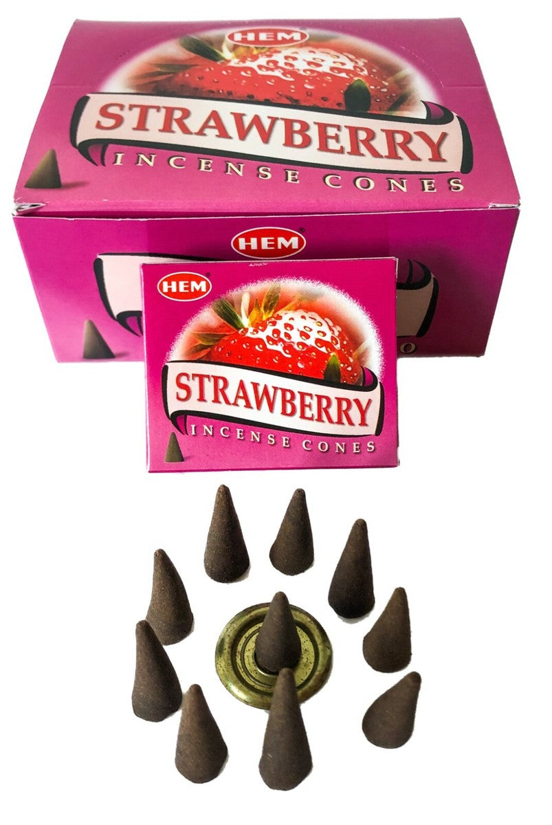 Box of Strawberry Hem Cone incense with loose cones in front on white background
