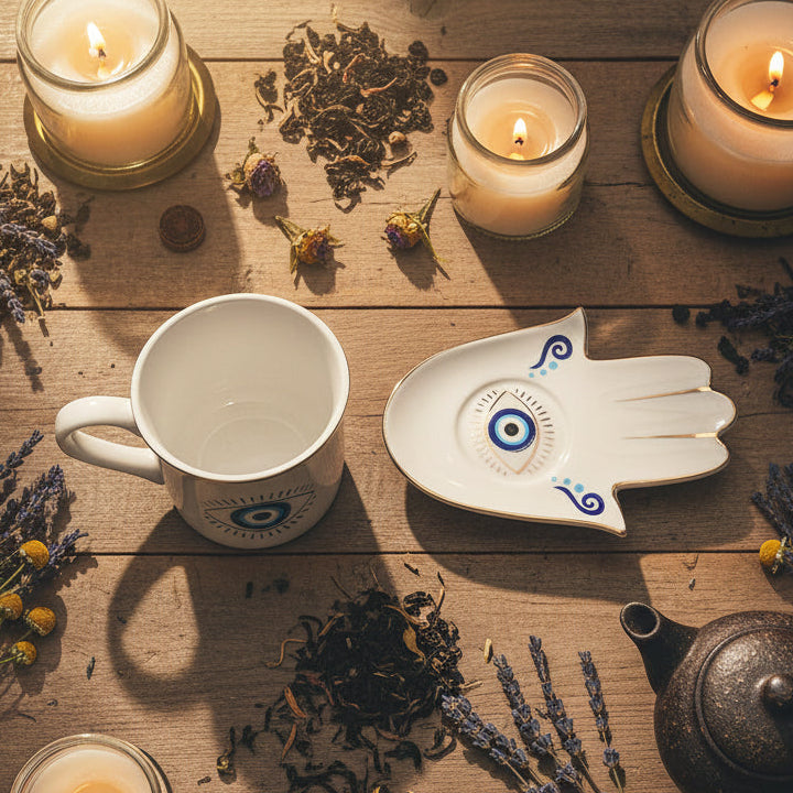 White mug with blue eye design and Hamsa hand-shaped object on a white background