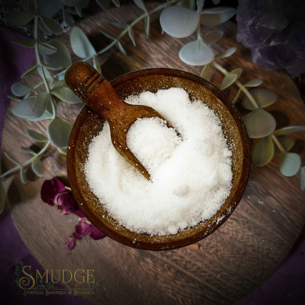 Wooden bowl with white powder and wooden spoon on a wooden surface with plants and crystals.