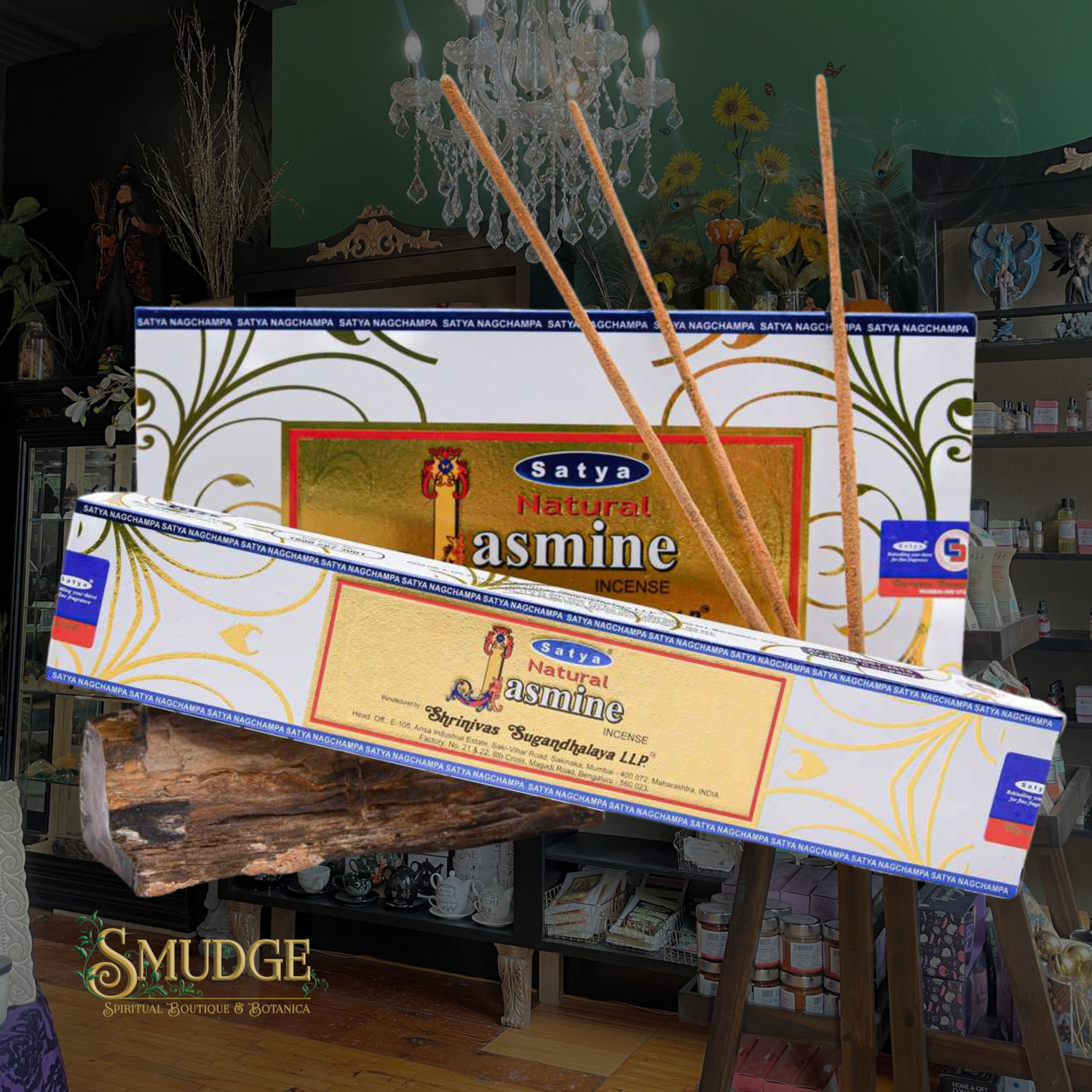Satya Natural Jasmine incense packaging with sticks on a blurred background