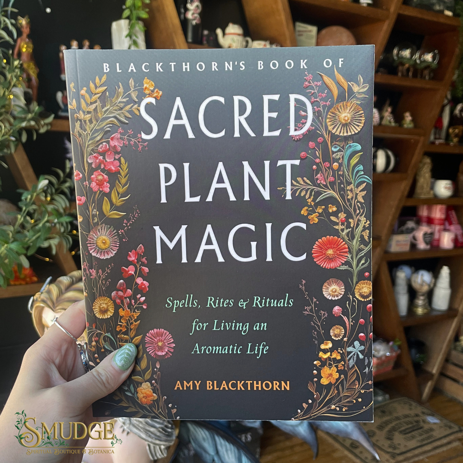 Book titled 'Blackthorn's Book of Sacred Plant Magic' held by a person with a blurred background