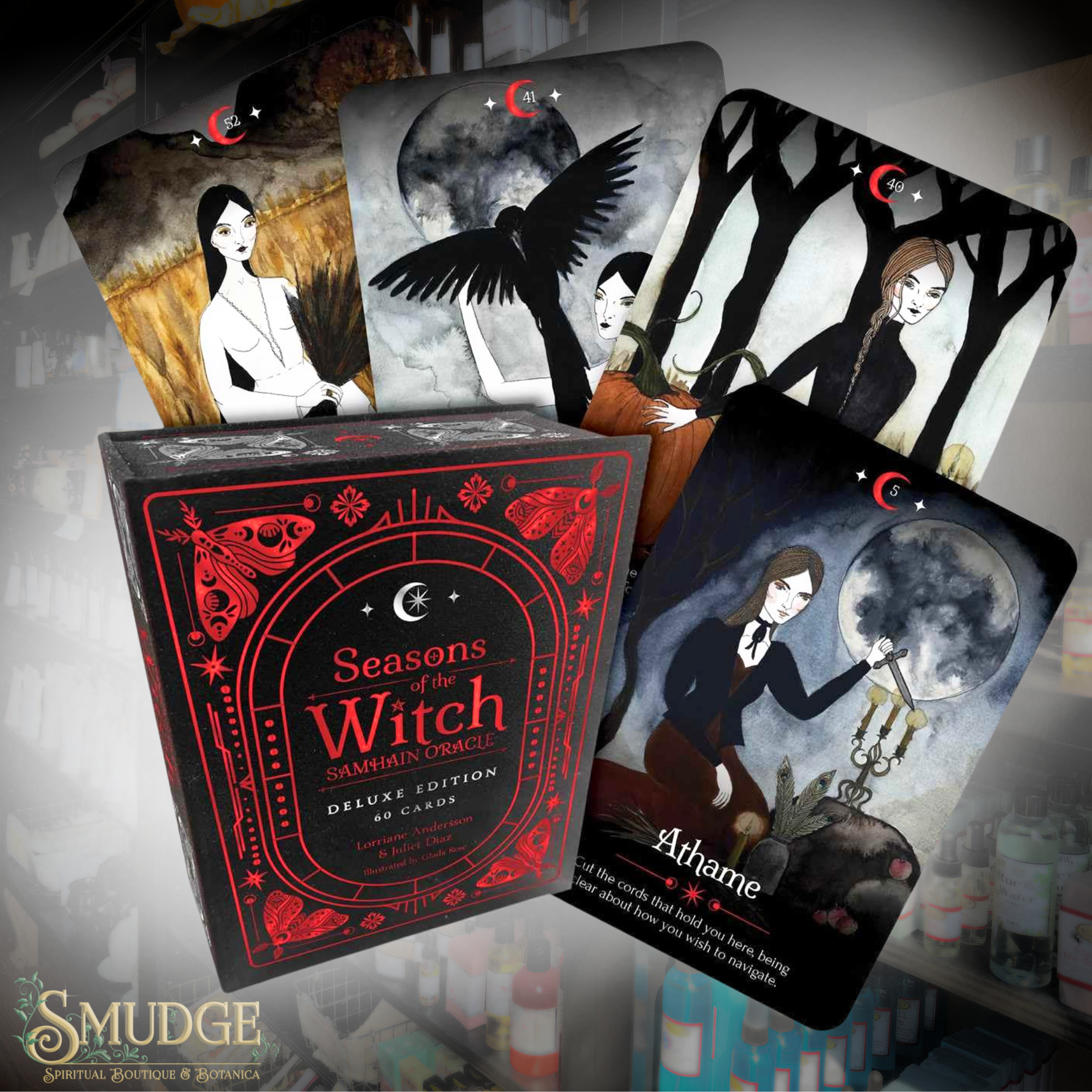 Seasons of the Witch deluxe Oracle cards Samhain edition with cards in background as examples. Smudge logo in bottom left corner.