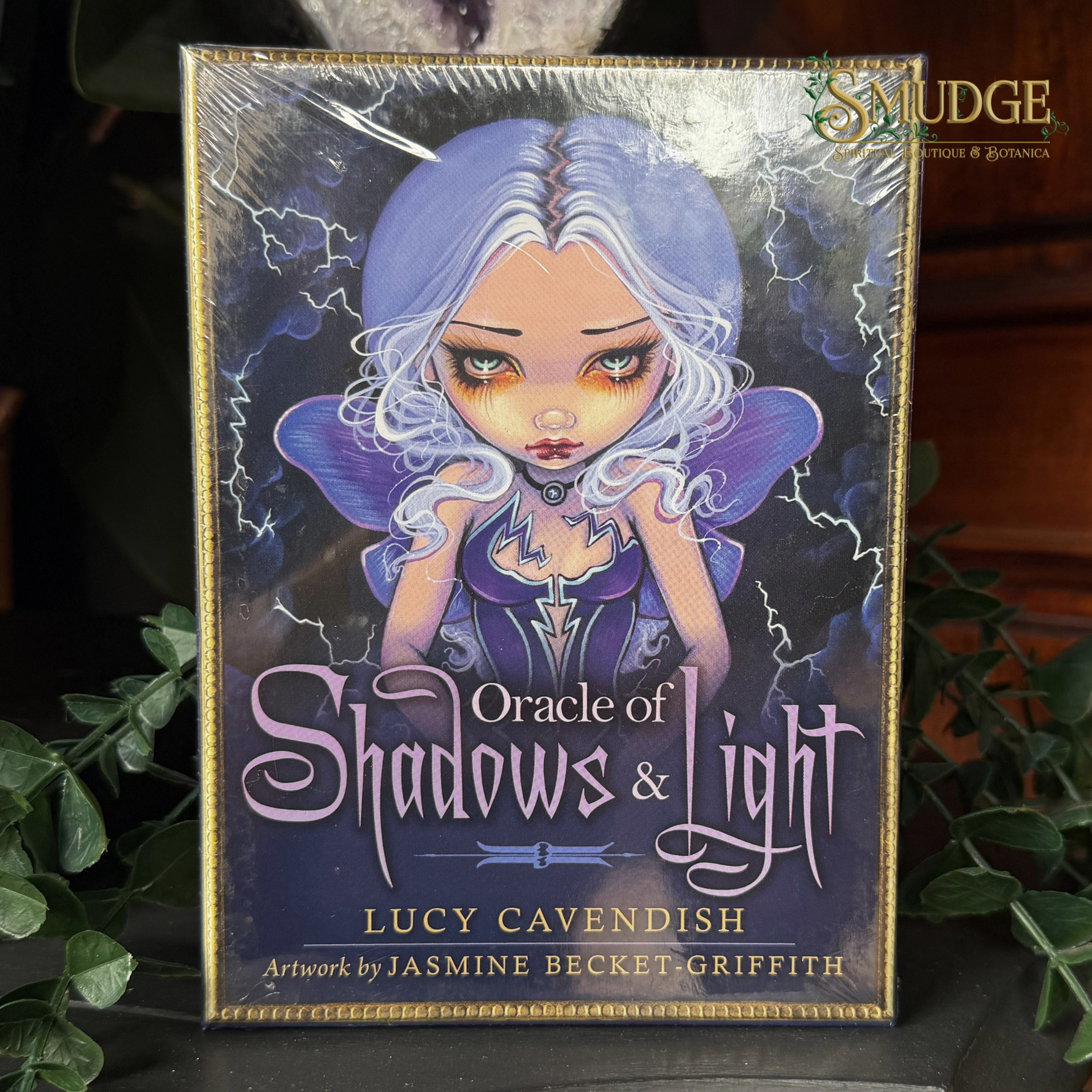 Oracle of Shadows & Light card deck box by Lucy Cavendish, featuring artwork by Jasmine Becket Griffith. The box is wrapped in protective plastic and displayed on a dark surface with green leaves in the background.