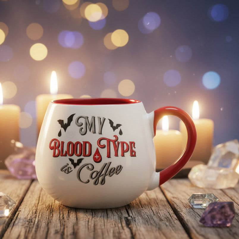 Mug with 'My Blood Type is Coffee' text on a wooden table with candles and crystals.