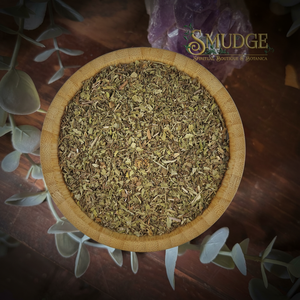 Wooden bowl filled with dried herbs on a wooden surface with plants and crystals.
