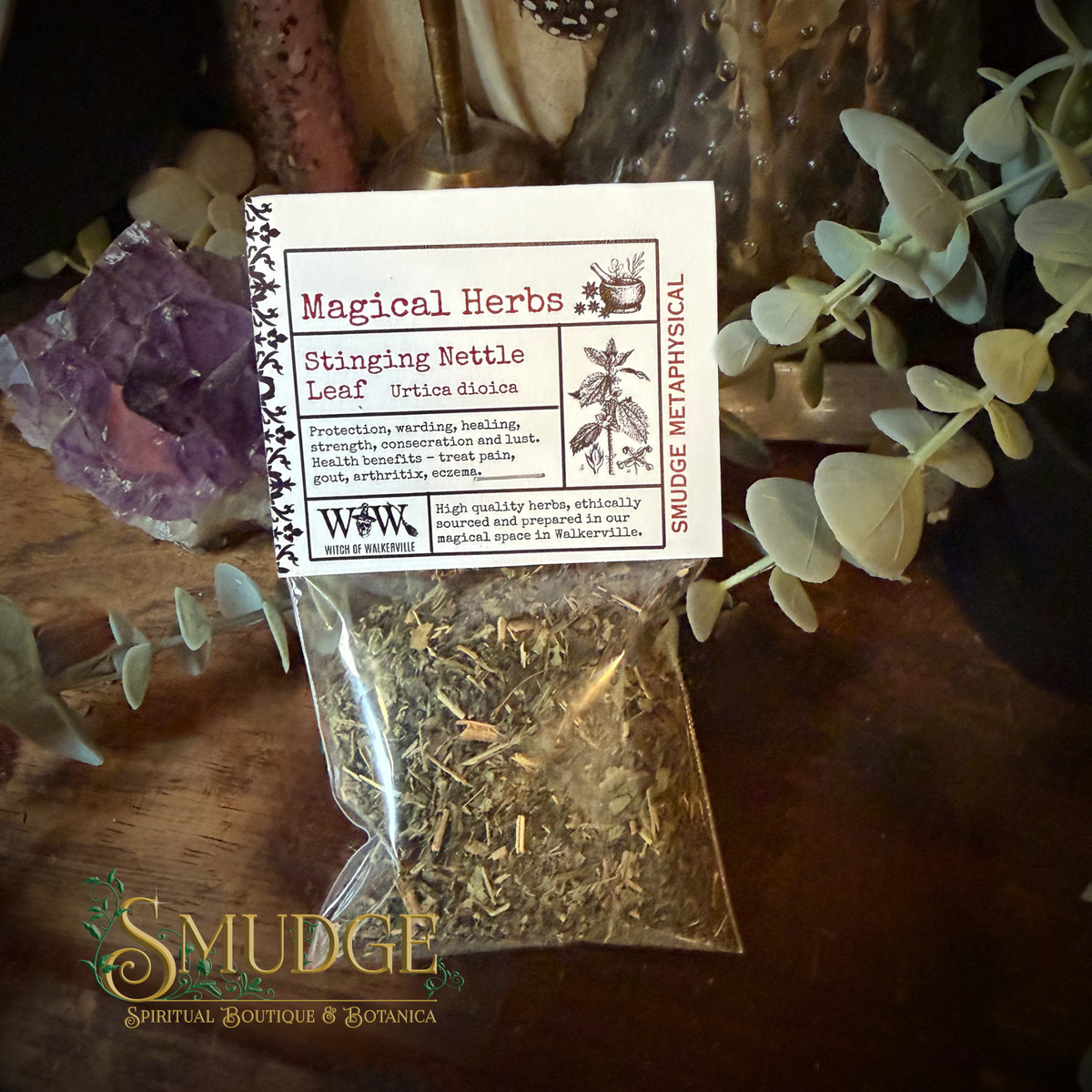 A clear plastic bag containing dried Stinging Nettle Leaf herbal powder, with a white paper label reading 'Magical Herbs' and 'Stinging Nettle Leaf Urtnella dioica.' The bag is photographed on a dark wooden surface with decorative plants, crystals, and a glass container in the background.