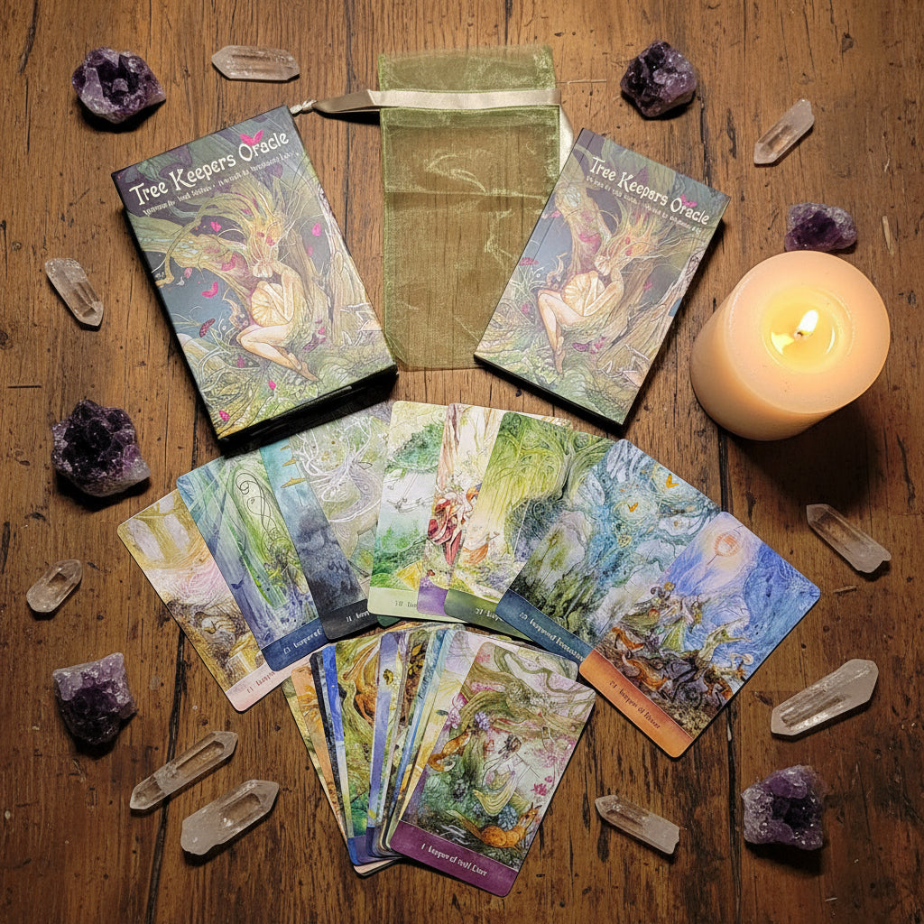 Tree Keepers Oracle cards on a blue fabric background