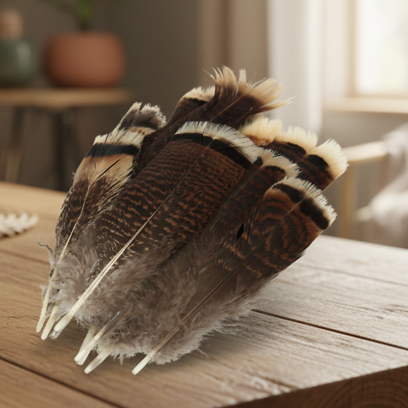 Feathers on a wooden table with a cozy living room background