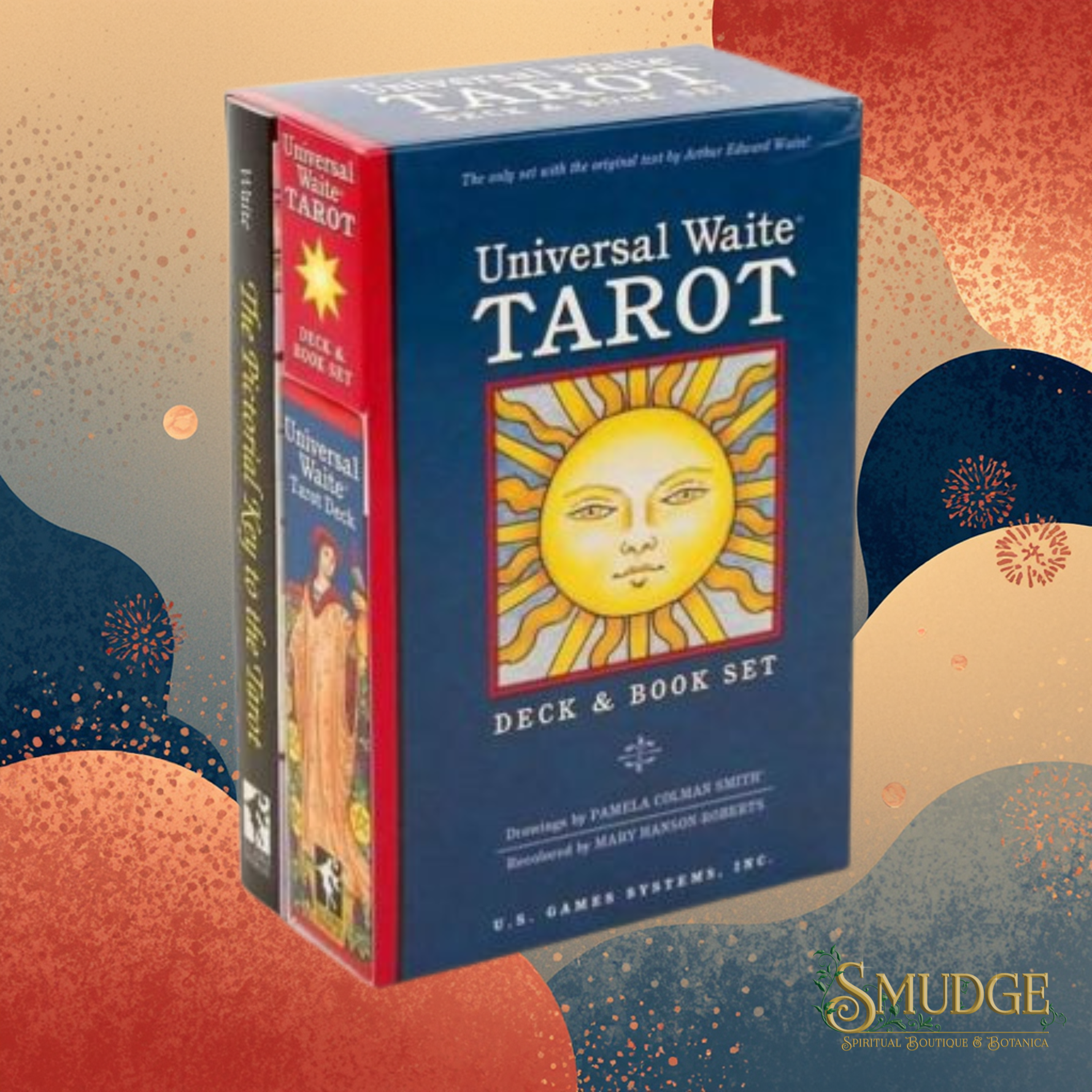 Universal Waite Tarot Deck & Book Set packaging on a decorative background