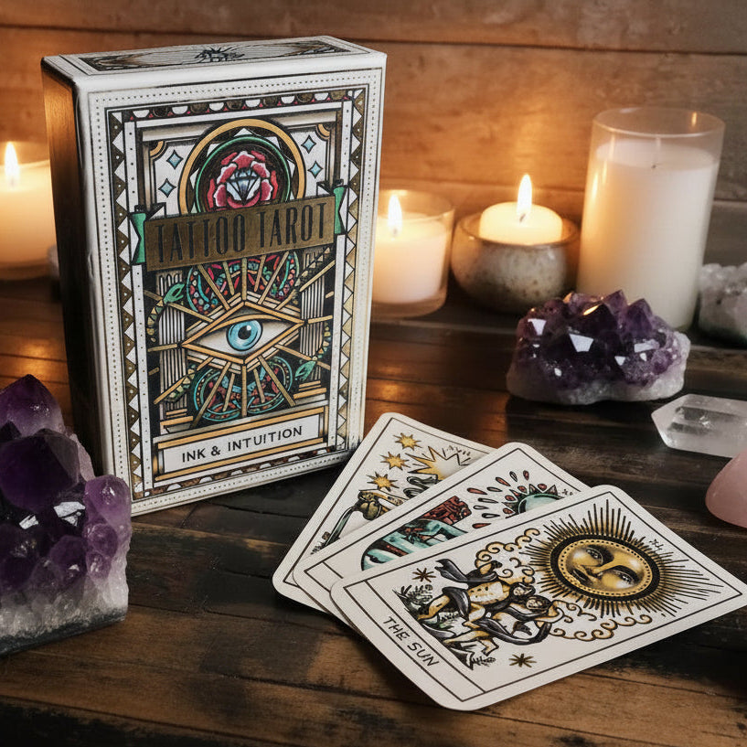 Tarot card deck with intricate designs on a wooden surface
