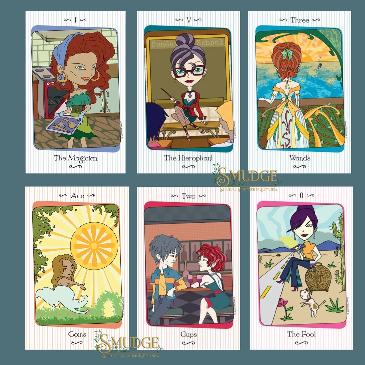 A 6x2 grid of illustrated tarot-style cards on a muted blue-gray background. The Vanessa Tarot cards feature cartoon characters and titles including The Magician, The Hieroglyph, Winds, Ace, Two, Queen, and The Fool.