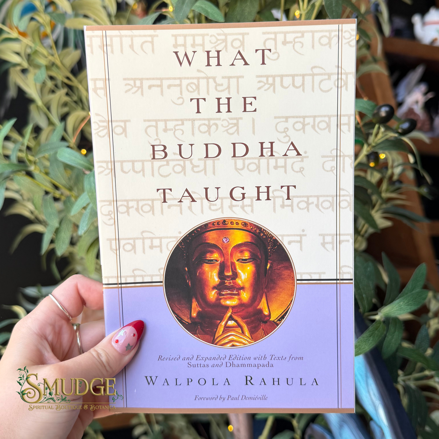 A hand holds a book titled 'What the Buddha Taught' by Walpola Rahula. The book cover has a cream-colored top section with Sanskrit text, a gold-toned Buddha face illustration in the center, and a lavender-purple bottom section.