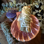 A styled product photo showing a large seashell with a cedar and white sage smudge bundle placed inside, another sage bundle on the left, crystals, eucalyptus leaves, and a wooden surface. The brand name 'SMUDGE' is visible as an overlay.