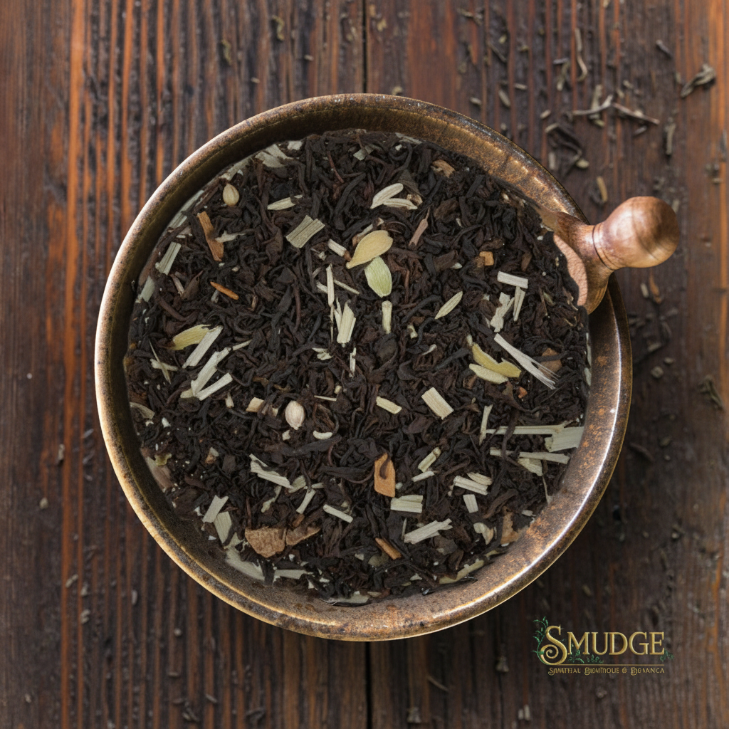 Tea leaves in a bronze scoop on a wooden surface with 'Smudge' branding.