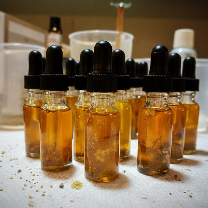Row of small glass bottles with black caps containing a amber liquid on a white surface.