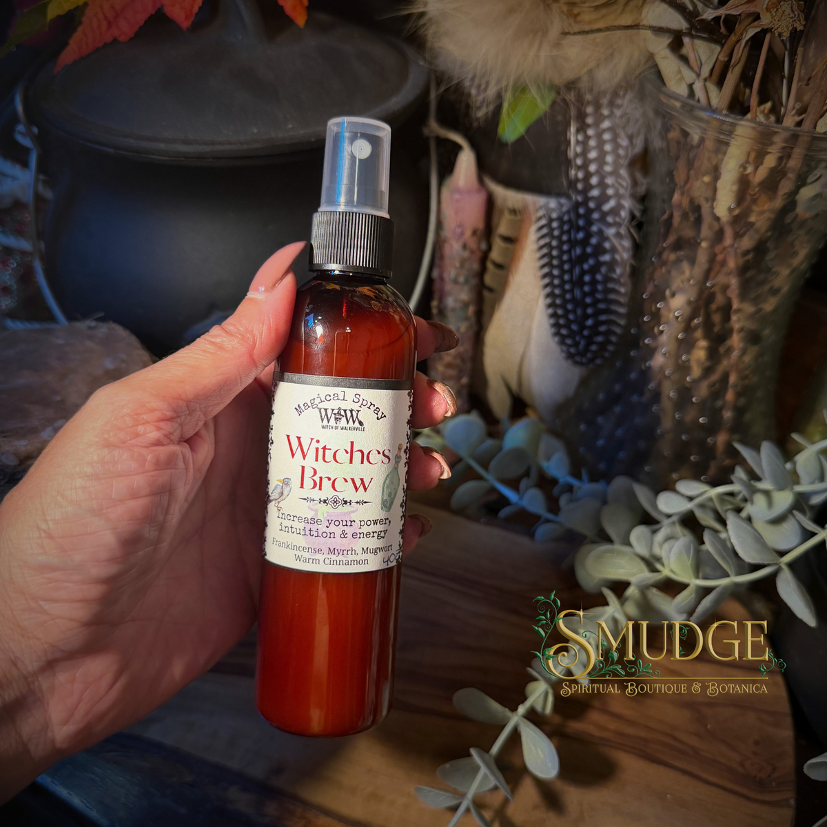 A hand holds a bottle of Witches Brew spiritual athame oil against a rustic background of a cauldron, feathers, and dried botanicals. The brand 'Magical Supply' is visible on the label.