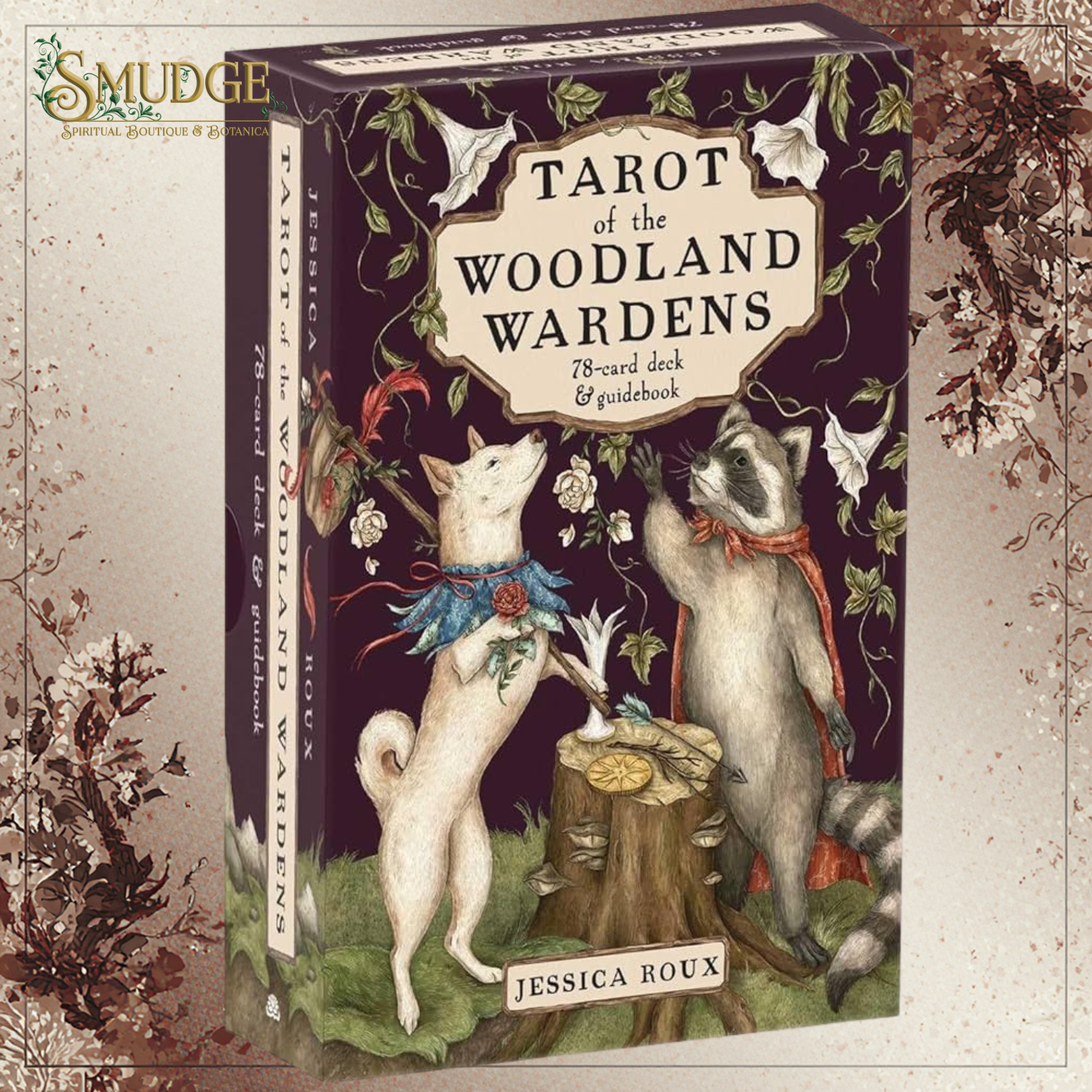 Box for 'Tarot of the Woodland Wardens' with illustrations of animals and floral elements. Forestry background.