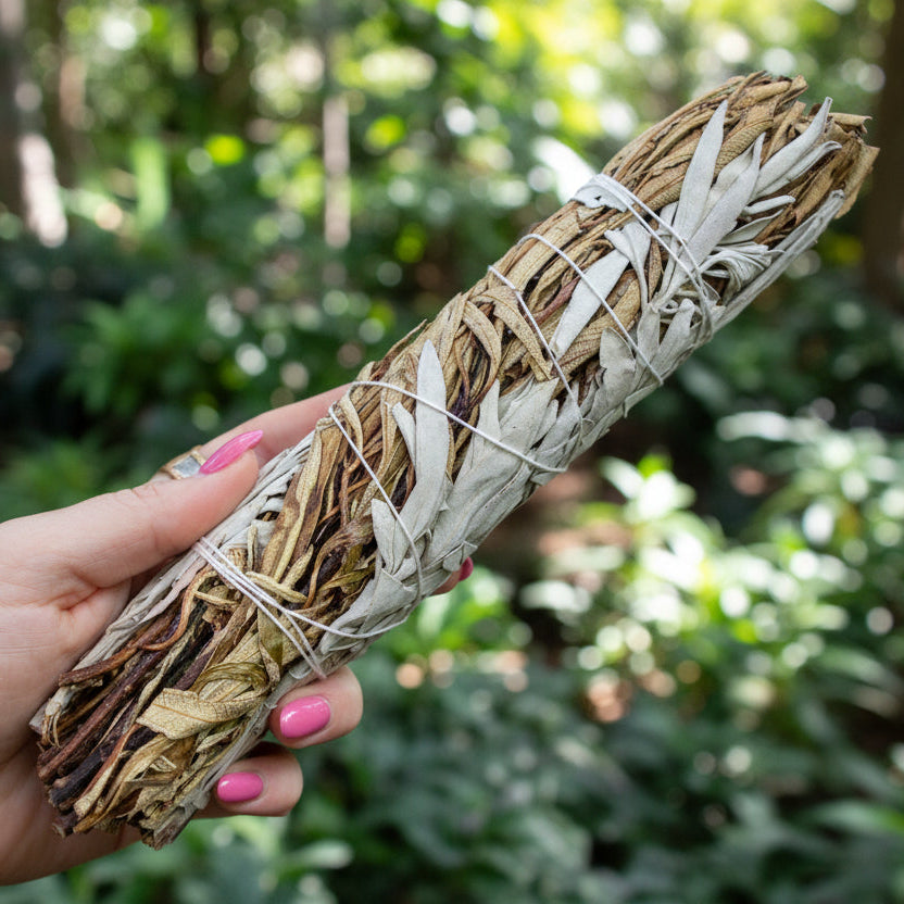Hand holding a smudge stick with green leaves in the background